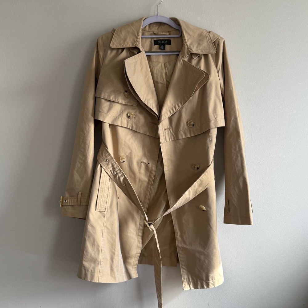 Nordstrom Halogen Tan Khaki Trench Coat with hoodie Women size XS